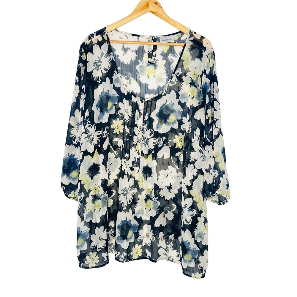 Avenue Womens Sheer Floral Button Front Long Sleeve Blouse Top Plus Size 30/32